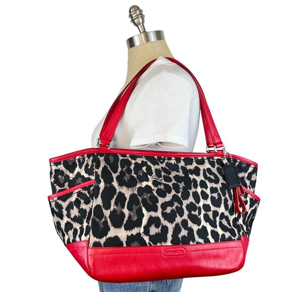 COACH Leopard Print Canvas Red Leather Tote Shoulder Purse Bag Authentic - Picture 1 of 16